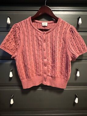 Wilfred Cropped Pink Cable Knit Button-Up Cardigan.